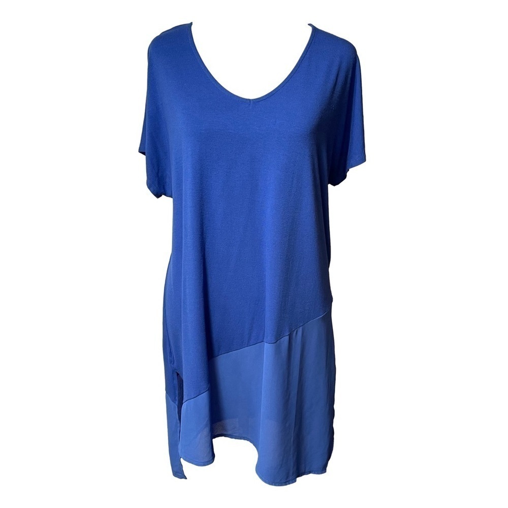 Chico’s V-Neck Short Cap Sleeve Sheer Chiffon Asymmetric Hem Tunic Royal Blue